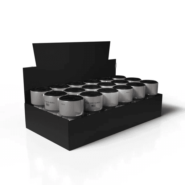 Open display box of 18 pack Poppers Real Rush Platinum 10ml bottles showing multiple units arranged neatly for bulk purchase.