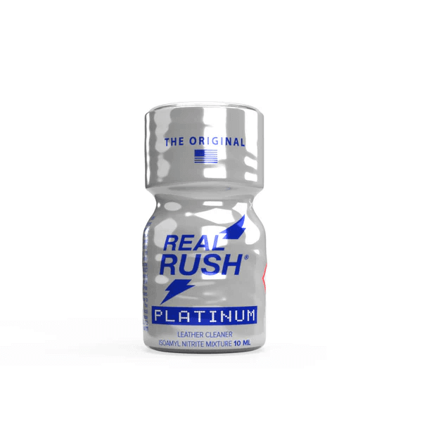 Single Poppers Real Rush Platinum10ml bottle with detailed labels about the product as a leather cleaner.