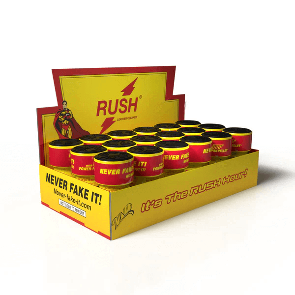 Display of multiple 18 Pack Poppers Rush Original 10ml bottles in a yellow and red promotional carton emphasizing "Never Fake It!" slogan.