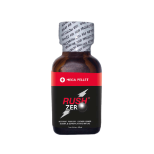 Bottle of Poppers Rush Zero 25ml featuring Mega Pellet, labeled as a leather cleaner with isopropyl nitrite mixture. The product logo includes a white lightning bolt on a black background.