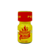 Poppers Ultra Strong Rush 10ml leather cleaner bottle with vibrant yellow label and red cap on a white background.