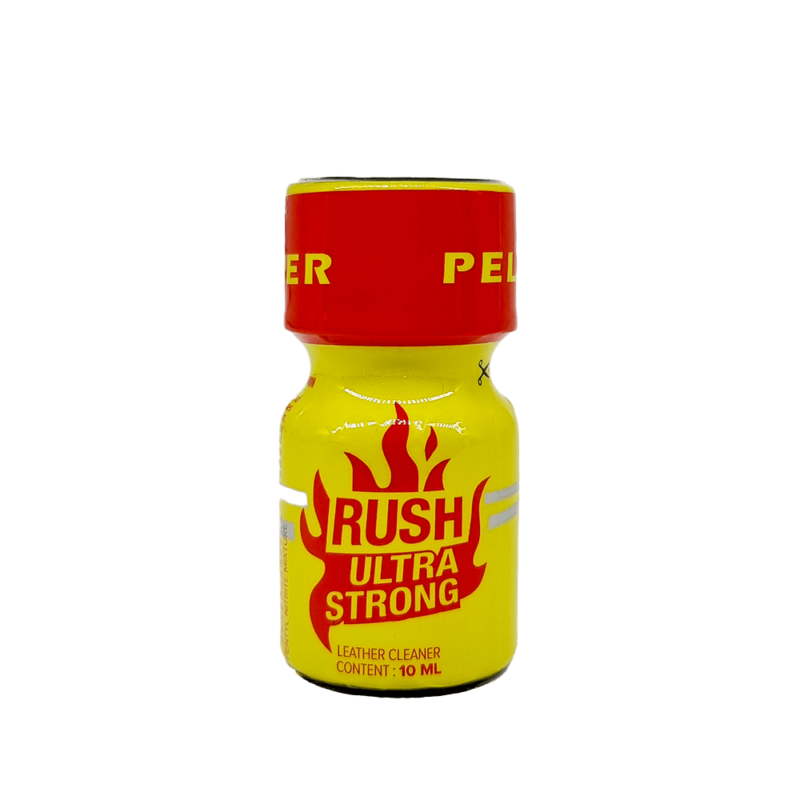 Poppers Ultra Strong Rush 10ml leather cleaner bottle with vibrant yellow label and red cap on a white background.