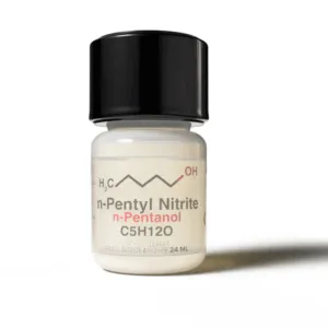 Bottle of Poppers n-Pentyl Nitrite n-Pentanol 24ml displaying chemical structure and product details on a white background.