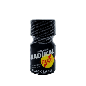 Radikal Rush Black Label Poppers 10ml bottle with distinct yellow and red label design, prominently displaying product name and capacity.