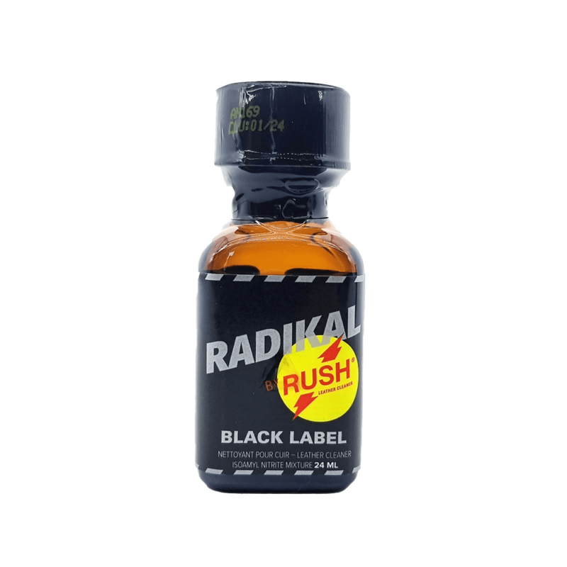 Radikal Rush Black Label Poppers 24ml bottle, a leather cleaner product with a black cap and clear label showing the brand logo and usage information.