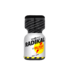 Radikal Rush Poppers 10ml bottle featuring a black, white, and yellow label with Mega O Pellet logo—clear image showing product details and packaging.