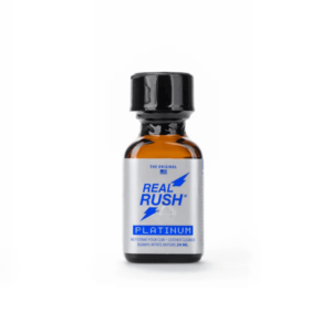 Real Rush Platinum Poppers 24ml bottle isolated on white background, displaying the product label with logo and 24ml net content indicator.