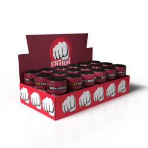 Display of 18 Pack Red Fist Poppers 10ml in red packaging with prominent fist logo and black lids, arranged in a counter display box.