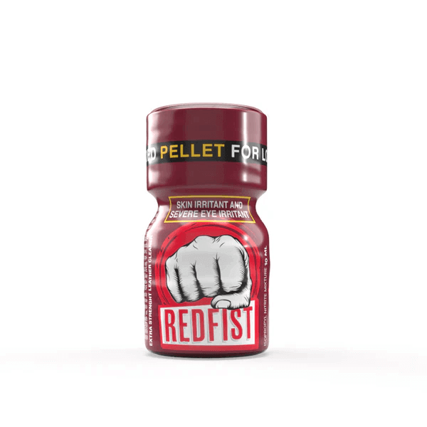 Red Fist Poppers 10ml bottle with a red and black label featuring a clenched fist, warning about skin and eye irritant.