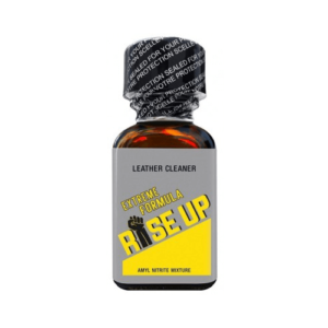 Rise Up Extreme Poppers 25ml bottle with yellow and black label displaying the text "Extreme Formula", suitable as a leather cleaner and amyl nitrite mixture.