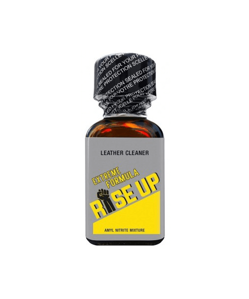 Rise Up Extreme Poppers 25ml bottle with yellow and black label displaying the text "Extreme Formula", suitable as a leather cleaner and amyl nitrite mixture.