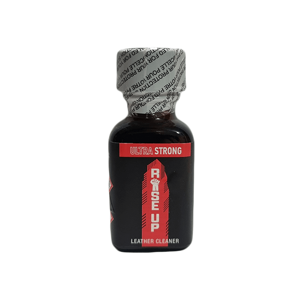 Rise Up Ultra Strong Poppers 25ml product image showing a black glass bottle with a safety sealed cap and red label, marketed as a leather cleaner.