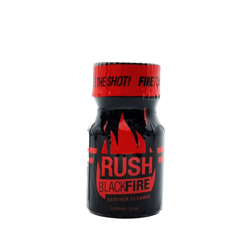 Rush Black Fire Poppers 10ml leather cleaner bottle, featuring a bold black and red design with flame graphics, prominently displayed on a white background.