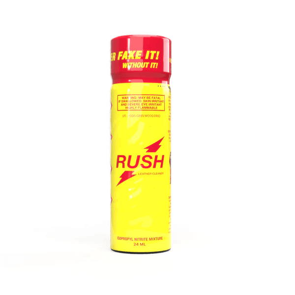 Single Rush Poppers 24ml Original bottle with red cap and bright yellow label featuring bold red Rush logo