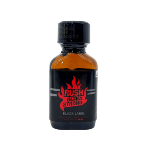 Rush Ultra Strong Black Label Poppers 24ml, transparent bottle with black and red label, isolated on white background.