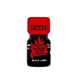 Rush Ultra Strong Black Label 10ml bottle with red and black design featuring Power Pellet text on top.