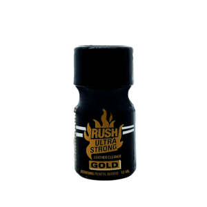 Rush Ultra Strong Gold Poppers 10ml bottle, featuring gold and white label text highlighting 'Leather Cleaner' and 'Pentyl Nitrite' on a black bottle background.