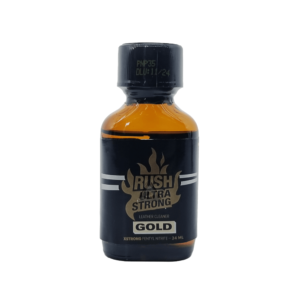 Bottle of Rush Ultra Strong Gold Poppers, 24ml, featuring black and gold label with prominent brand name, displayed on a white background for clear visibility.