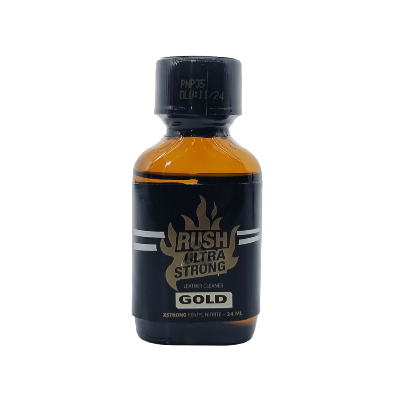 Bottle of Rush Ultra Strong Gold Poppers, 24ml, featuring black and gold label with prominent brand name, displayed on a white background for clear visibility.