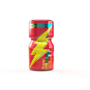 Super Original Poppers 10ml product in bright red bottle with vibrant yellow and blue lightning bolt design, emphasizing seal of quality.