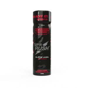 Close-up view of Super Rush Black Label Large Bottle Poppers 24ml with detailed product labeling.