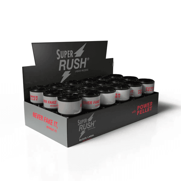 Display box of 18 pack Super Rush Black Label Poppers 10ml showing multiple bottles in organized rows with brand logos.