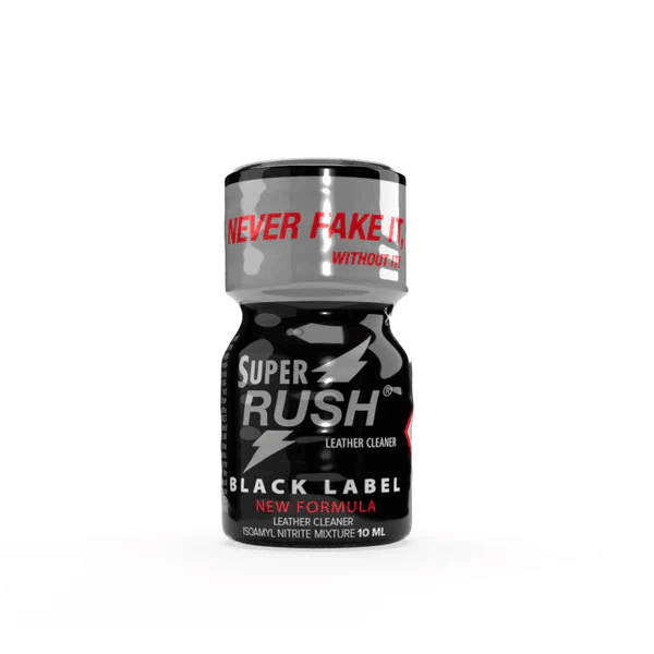 Super Rush Black Label Poppers 10ml, emphasizing the "Never Fake It" slogan and black label design.