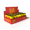 Display box containing multiple 18 Pack Super Rush Poppers 10ml with bold yellow and red packaging, emphasizing the "Never Fake It" slogan.