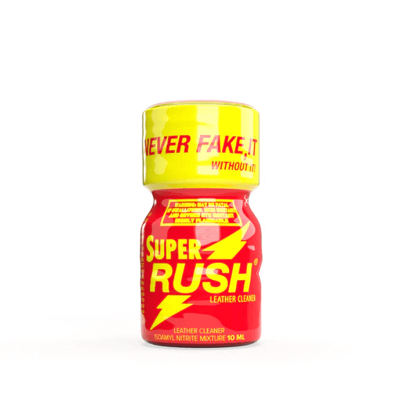 Super Rush Poppers 10ml bottle featuring vibrant red and yellow design, highlighting the 'Never Fake It!' and "Leather Cleaner" labels.