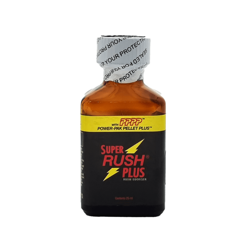 Super Rush Plus Poppers 25ml bottle with yellow and black label and tamper-proof seal, featuring Power-Pak Pellet Plus technology.