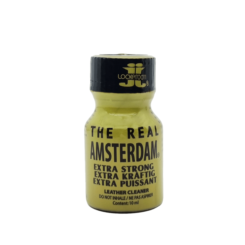 The Real Amsterdam Extra Strong 10ml bottle, prominently displaying the product name and 'extra puissant leather cleaner' label, isolated on white background.