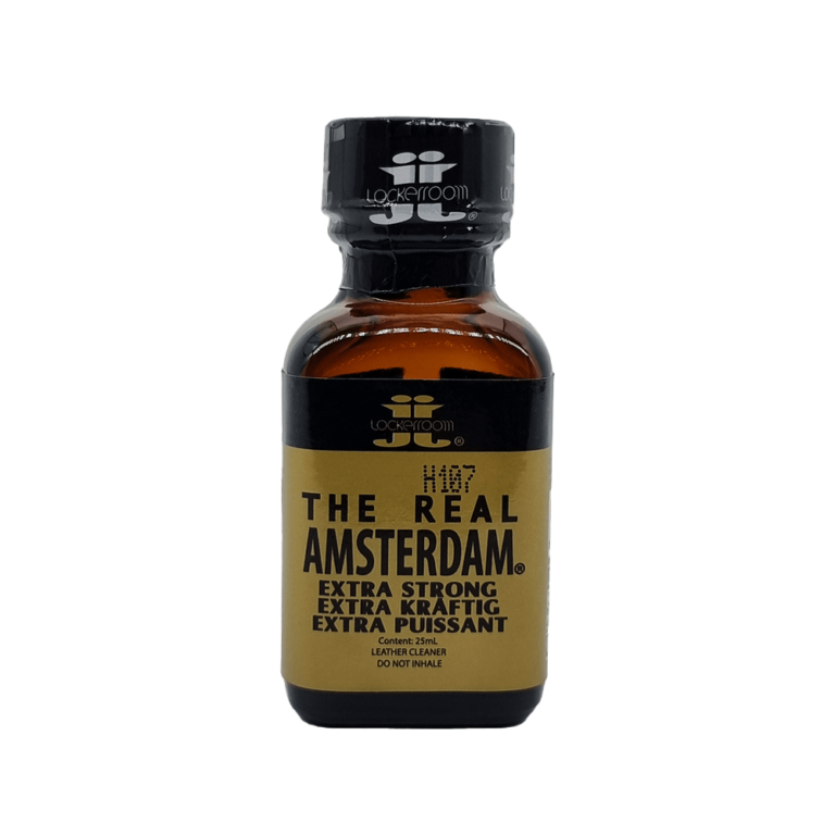 The Real Amsterdam Poppers 25ml Imagen en primer plano de la botella de The Real Amsterdam Poppers de 25 ml, que muestra los detalles del producto y las etiquetas con el texto "Extra Strong, Extra Kraftig, Extra Puissant" sobre un fondo blanco transparente, fabricado por Lockerroom.