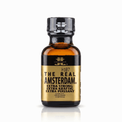 The real amsterdam 25ml extra strong new Close-up image of The Real Amsterdam Poppers 25ml bottle, showing product details and labels stating 'Extra Strong, Extra Kraftig, Extra Puissant' text on a clear, white background, manufactured by Lockerroom.