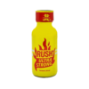 Close-up of Ultra Strong Rush 30ml Poppers bottle with bold yellow packaging and red flame graphics, highlighting the leather cleaner's strong formulation.