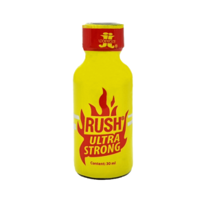 Close-up of Ultra Strong Rush 30ml Poppers bottle with bold yellow packaging and red flame graphics, highlighting the leather cleaner's strong formulation.