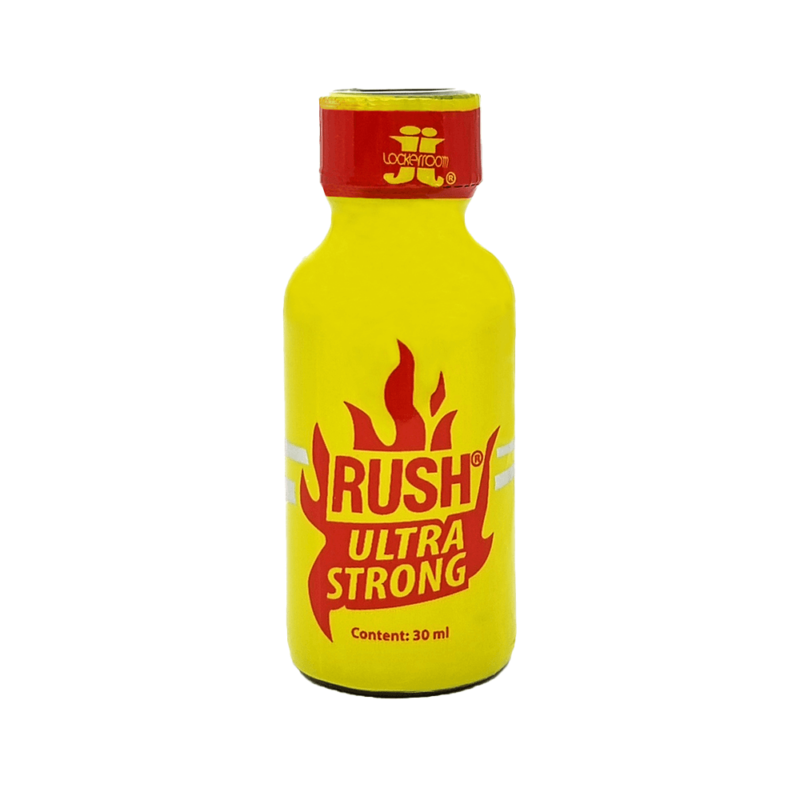 Close-up of Ultra Strong Rush 30ml Poppers bottle with bold yellow packaging and red flame graphics, highlighting the leather cleaner's strong formulation.