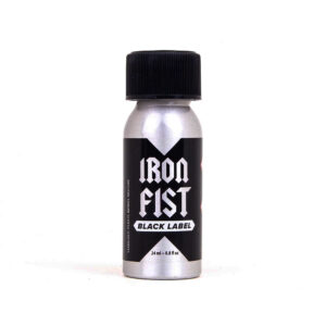 Iron Fist Black Label Poppers 24ml depicted with silver bottle and coordinating black.