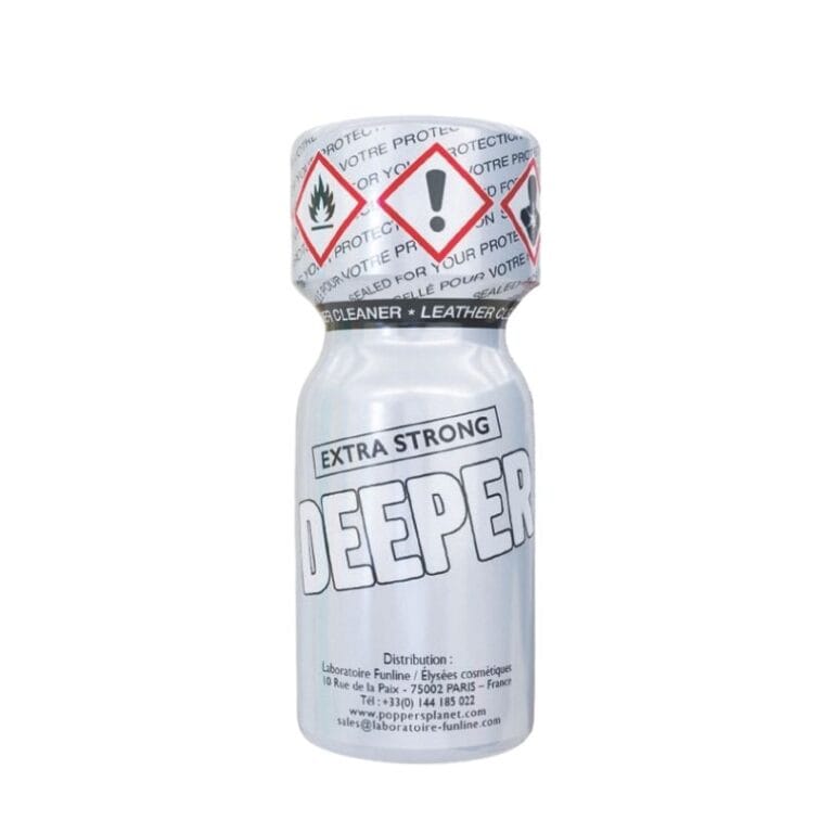 Poppers Deeper Extra Strong 13ml, a cleaning product in a small metallic bottle with a white label and safety warnings.