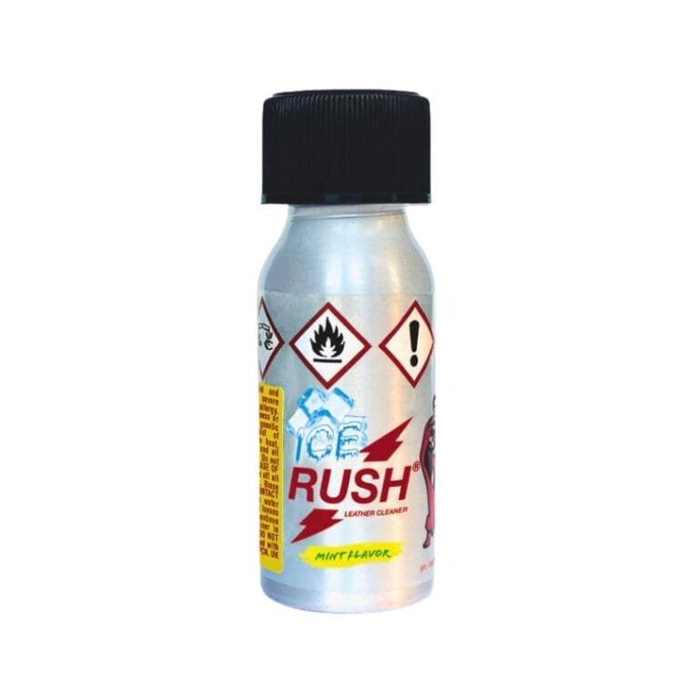 Ice Rush Poppers 30ml Ice Rush Poppers 30ml white bottle showing hazard warning labels and cool mint logo, with Rush leather cleaner branding