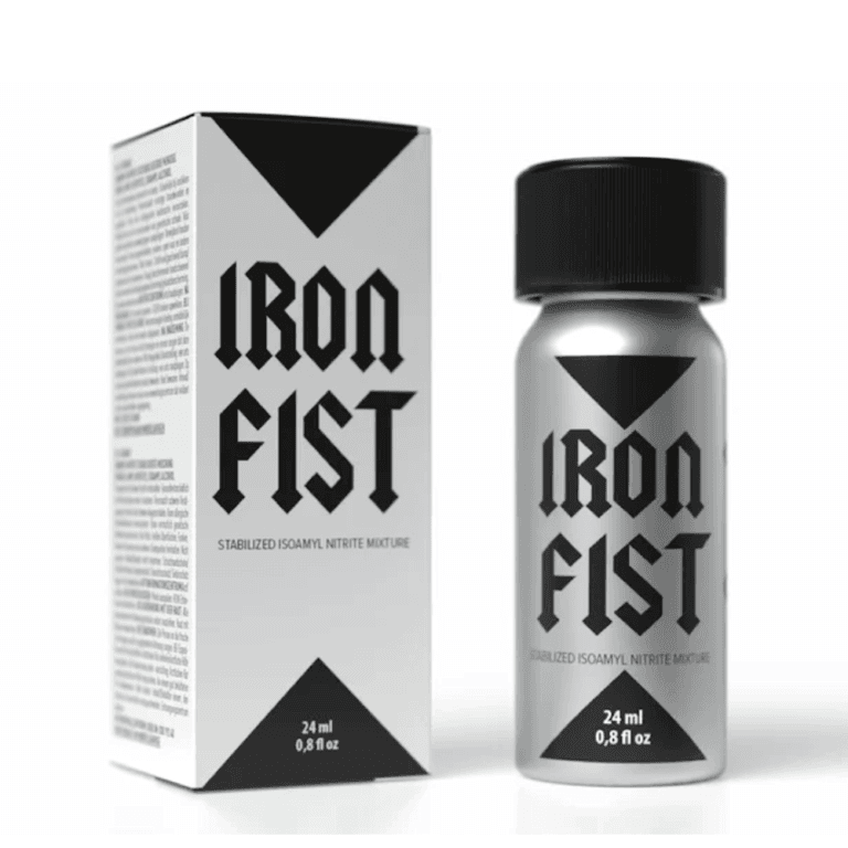 poppers iron fist 24ml Iron Fist Poppers 24ml displayed with a silver metallic bottle next to its matching white and black packaging box with detailed text.