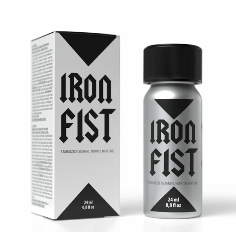 Iron Fist Poppers 24ml displayed with a silver metallic bottle next to its matching white and black packaging box with detailed text.