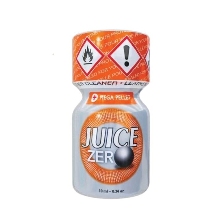 Poppers Juice Zero 10ml bottle with orange cap and hazard warning symbols, displaying the brand name and mega pellet feature on a white background.