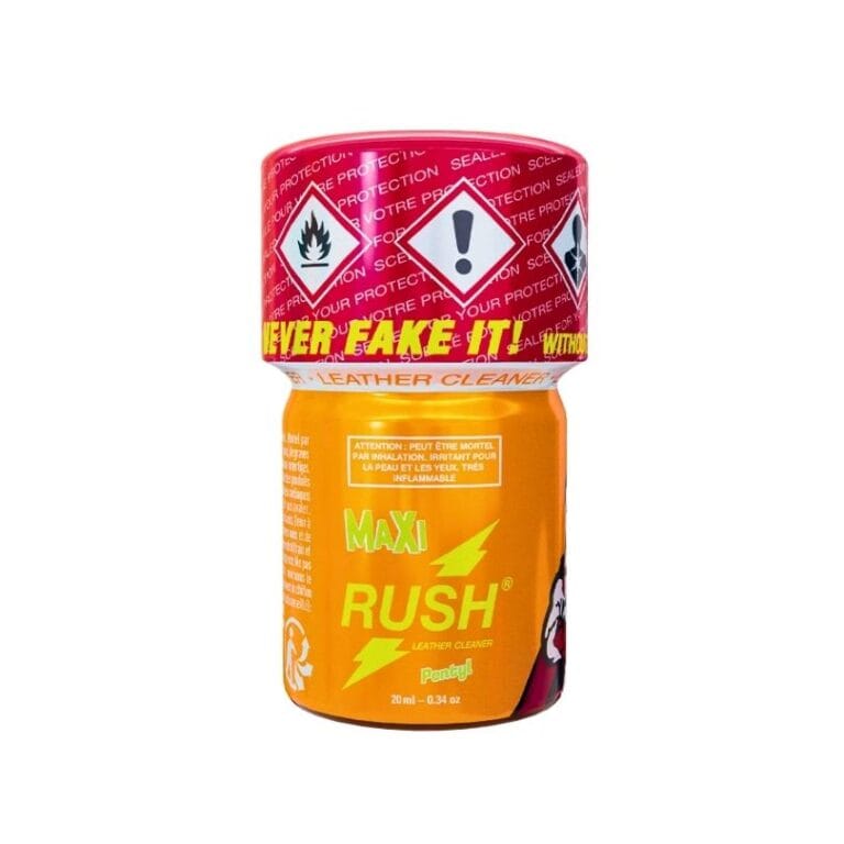 Poppers Maxi Rush 20ml bottle featuring bright orange and red labels, prominent warning symbols, and text highlighting its leather cleaning capabilities.