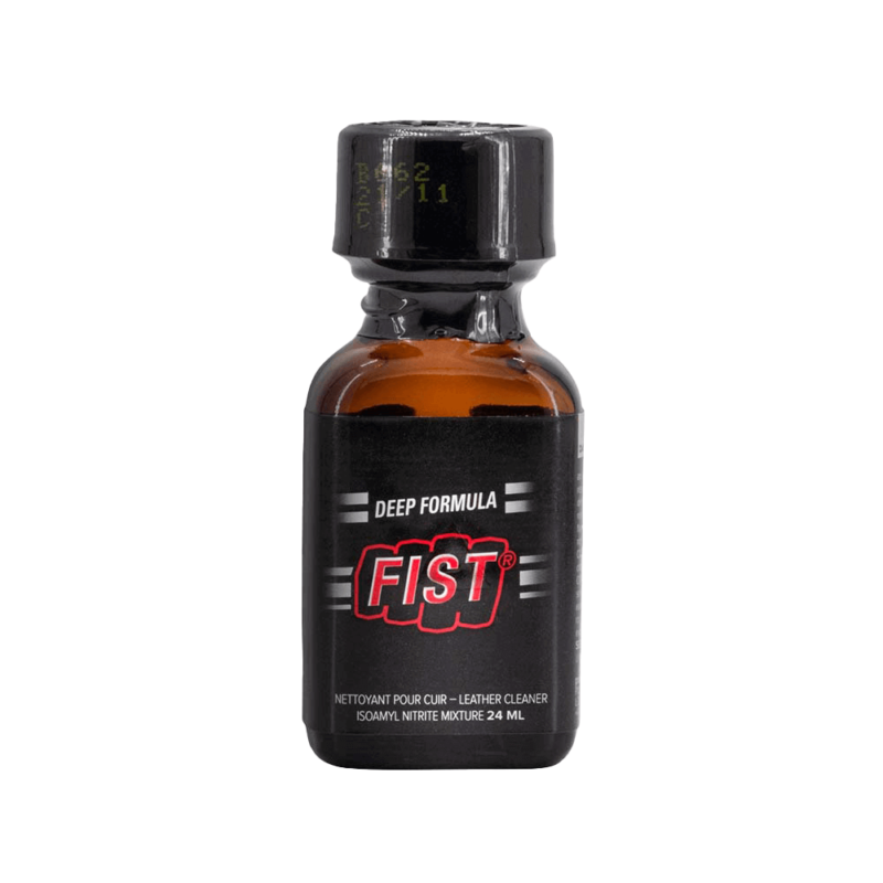 Poppers Fist Deep Formula 24ml bottle by PWD, a leather cleaner product displayed on a white background, featuring prominent red and black labeling.