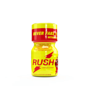 Display of multiple Poppers Rush Original 10ml bottles in a yellow and red promotional carton emphasizing "Never Fake It!" slogan.