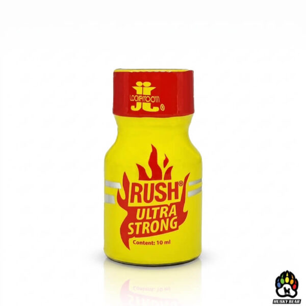 Poppers Rush Ultra Strong 10ml Lockerroom® Pentyl Nitrite Poppers Rush Ultra Strong 10ml Lockerroom® Pentyl Nitrite steklenička z logotipom Husky Bear Poppers na belem ozadju.