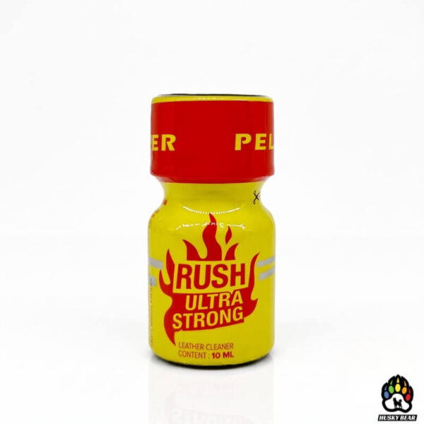 Poppers Rush Ultra Strong 10ml Push® Pentyl Nitrite Poppers Rush Ultra Strong 10ml Push® Pentyl Nitrite steklenička z logotipom Husky Bear Poppers na belem ozadju.