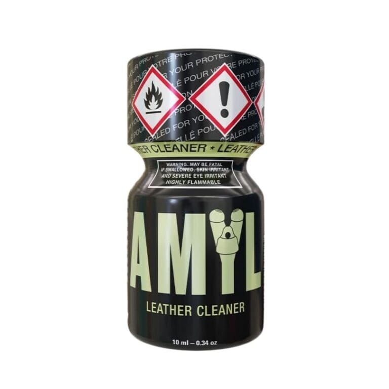 Amyl Poppers 10ml leather cleaner bottle isolated on white background, displaying safety symbols and contents.
