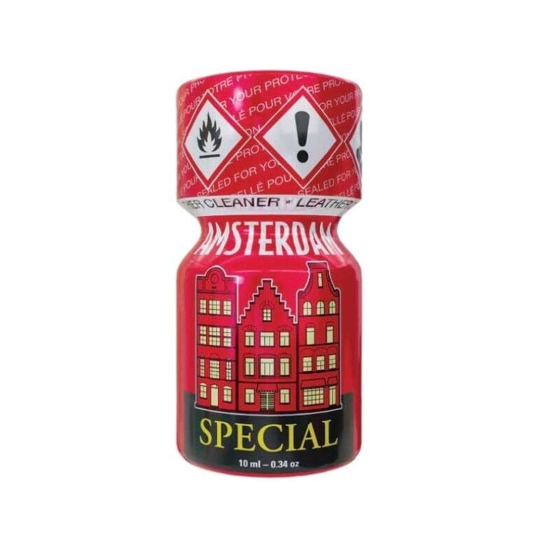 Poppers Amsterdam Special 10ml bottle with hazard symbols and Amsterdam building illustration on the red label.