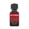 Poppers Amsterdam Special 25ml bottle with a sealed black cap and a vibrant red label featuring white and gold Amsterdam canal house graphics and "Leather Cleaner" text.